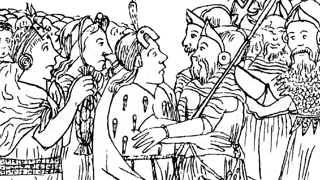 Felipe Guamán Poma de Ayala, "El primer embajador de Uascar Inga al embajador del emperador de Castilla: Diego de Almagro y Martin Guaman Malqui de Ayala", 1936. Colección Biblioteca Nacional, disponible en Memoria Chilena.