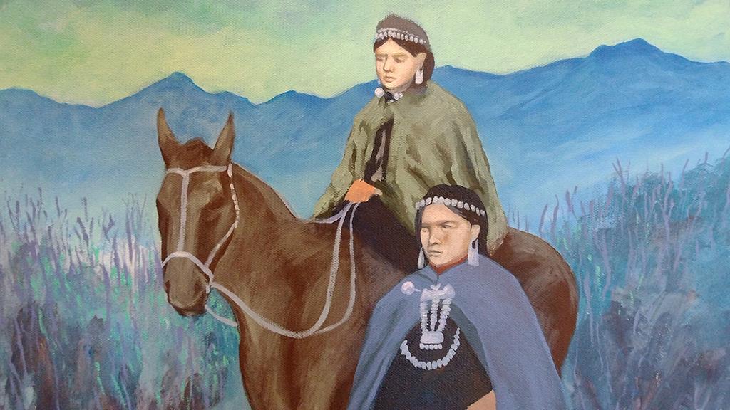 Detalle de pintura que muestra a dos mujeres mapuche y un caballo de Eduardo Rapimán Marín.