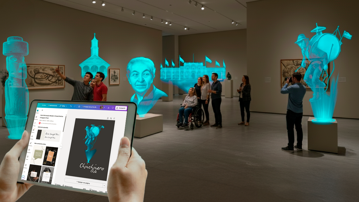 Persona en un museo usando una tablet para visualizar contenido visual
