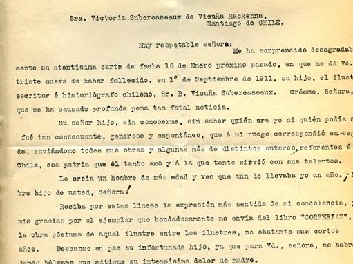 Carta del Jefe de Archivo Nacional de La Habana a doña Victoria Subercaseaux
