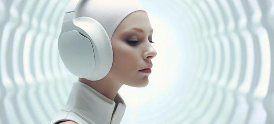 Imagen de mujer vestida de blanco y aspecto futurista