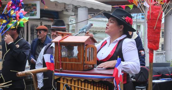 Mujer organillera tocando su instrumento en la calle