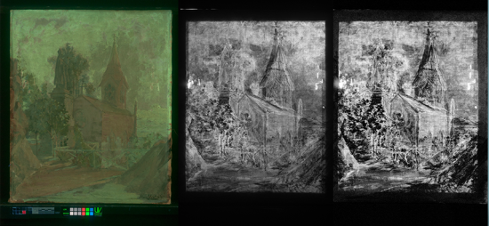 Fluorescencia visible inducida por luz UV, fotografía digital infrarroja y  transmitografía visible. Pintura de La Ermita del Santa Lucía, óleo sobre tela atribuido a Manuel Nuñez, Museo Benjamín Vicuña Mackenna (Monteverde, P. 2026. Archivo CNCR).