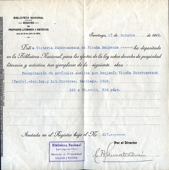 Inscripción de propiedad intelectual, Biblioteca Nacional