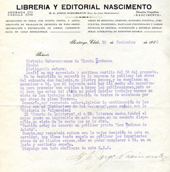 Carta de M.C. Jorge Nascimento a Victoria Subercaseaux