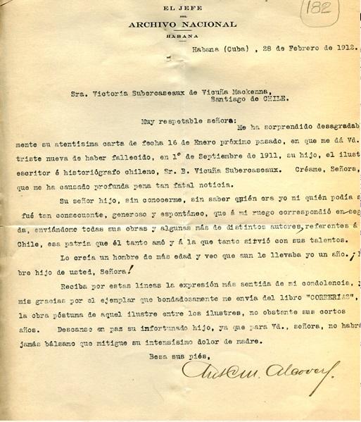 Carta del Jefe de Archivo Nacional de La Habana a doña Victoria Subercaseaux
