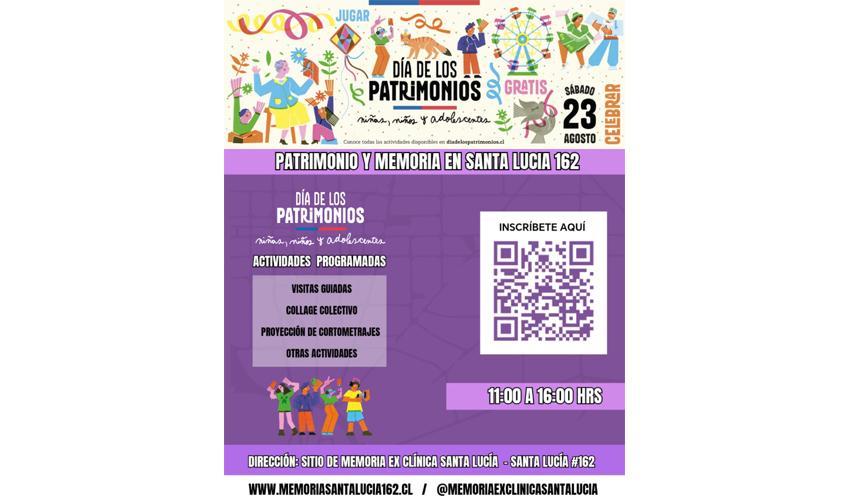 Taller y juego Patrimonio y Memoria en Santa Lucía 162 Sitio de Memoria Ex Clínica Santa Lucía. ¡Abrimos nuestras puertas para recibir a niñas, niños y adolescentes! Este sábado 23 de agosto, haremos visitas guiadas a adolescentes y adultos. También crearemos un collage colectivo, proyectaremos documentales, contaremos sobre los derechos humanos y derechos del niño, además de otras entretenidas actividades.