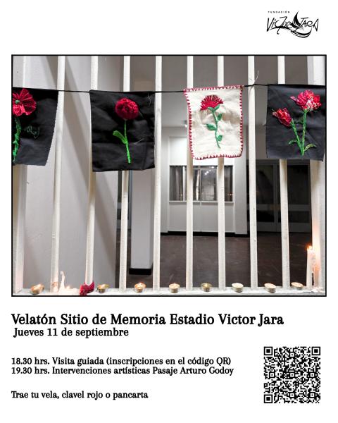 Velatón Sitio de Memoria Estadio Victor Jara. A 52 años del golpe civil-militar seguimos con el compromiso intacto por la memoria, la verdad y la justicia. Defendamos los derechos humanos hoy y siempre para que NUNCA MÁS. Link de inscripción para visita guiada: https://forms.gle/dCbkwNc5QgCJtUtq7  18:30 hrs. Visita guiada  19:30 hrs. Velatón e intervenciones artísticas. Trae tu vela, clavel rojo o pancarta.