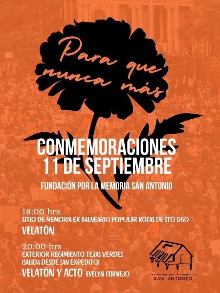 Como cada año, les extendemos una cordial invitación a conmemorar junto a nosotros un nuevo 11 de septiembre. Nos reuniremos en el Sitio de Memoria Av. Arturo Phillips 2, Santo Domingo, Valparaíso a las 18:00 horas. Posteriormente, como es tradición, nos encontraremos en San Expedito para caminar juntos hacia el Regimiento Tejas Verdes. Esperamos contar con su presencia para recordar, reflexionar y mantener viva la memoria.