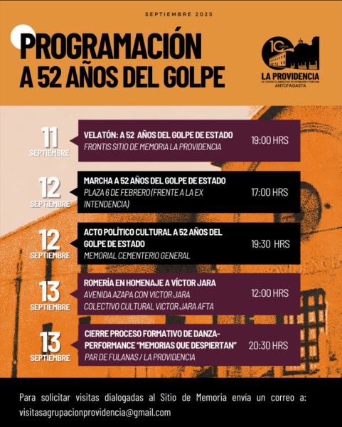 Programación a 52° Años del Golpe. Sitio de Memoria Ex Centro de Detención Providencia Antofagasta